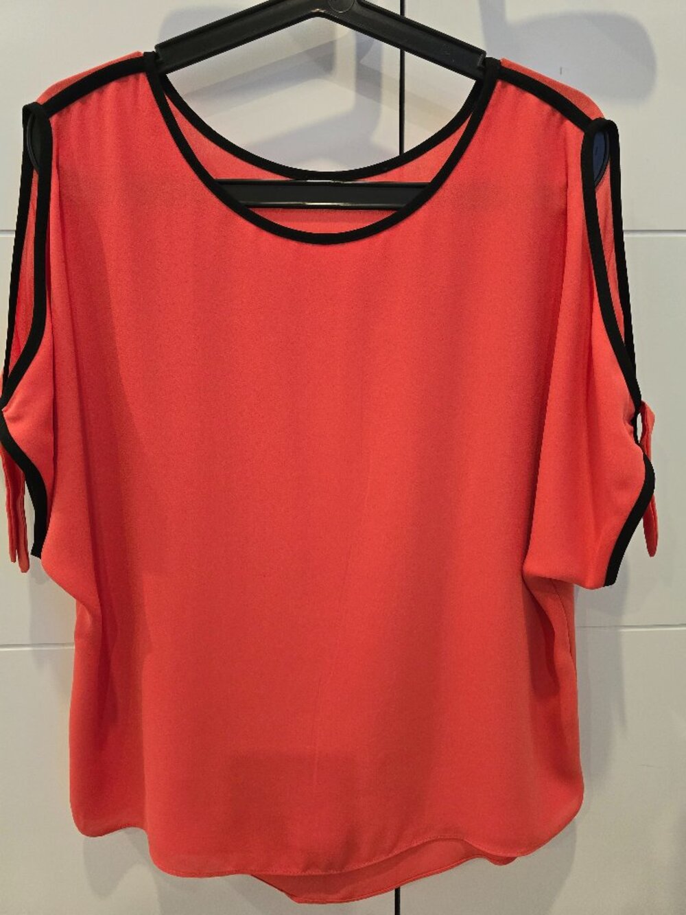 Deep Coral Silky Short Sleeve Blouse with Shoulder Keyholes